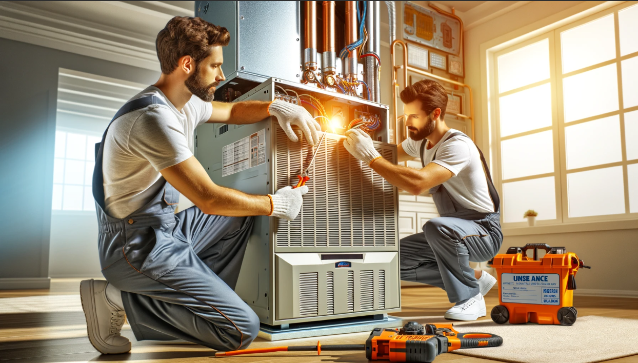 HVAC technicians installing an electric furnace.