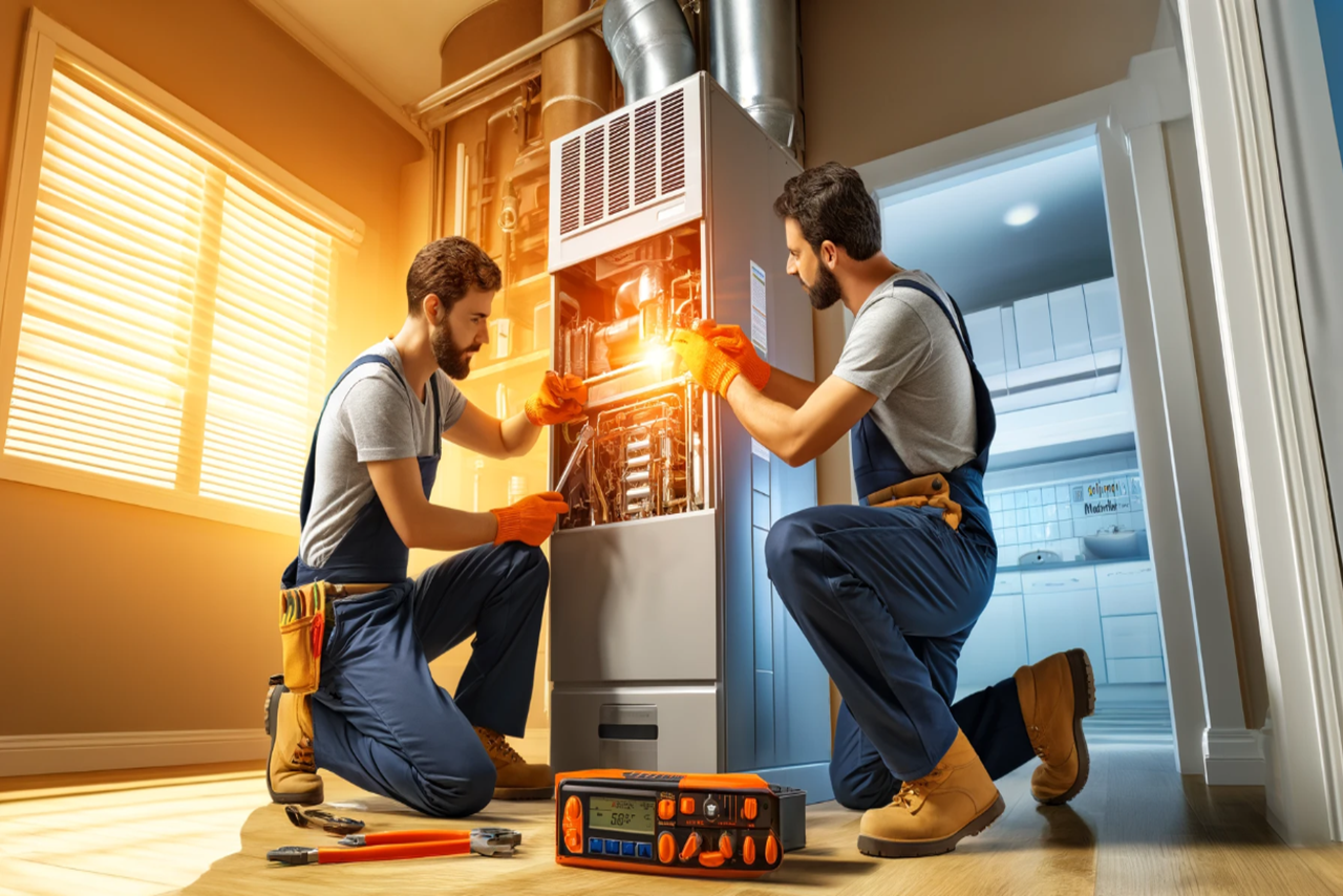 HVAC technicians installing a gas furnace.