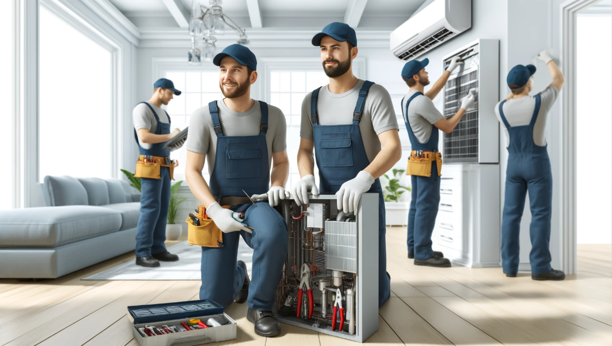 HVAC technicians working together on an HVAC system installation.