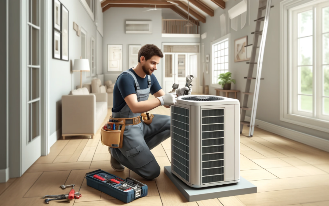 HVAC technician installing a heat pump in a residential setting.