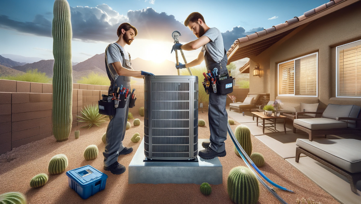 HVAC technicians installing an outdoor heat pump unit in a residential property.