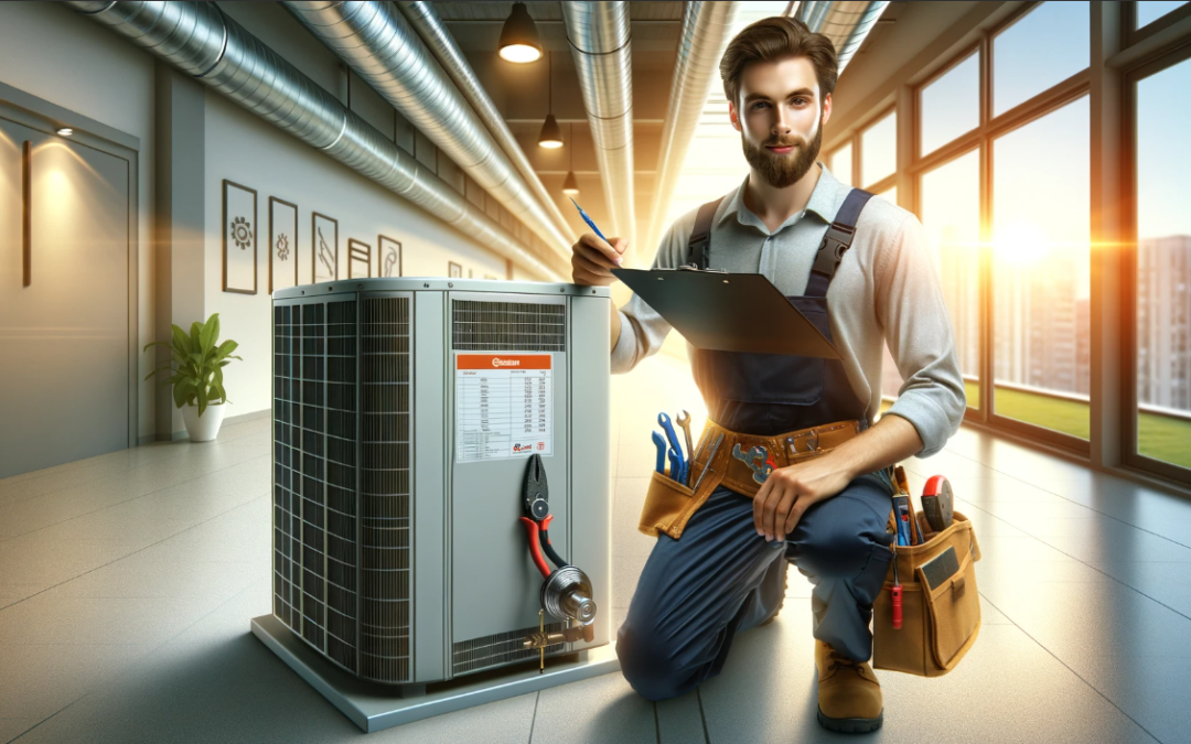 HVAC technician installing a heat pump in a commercial facility.