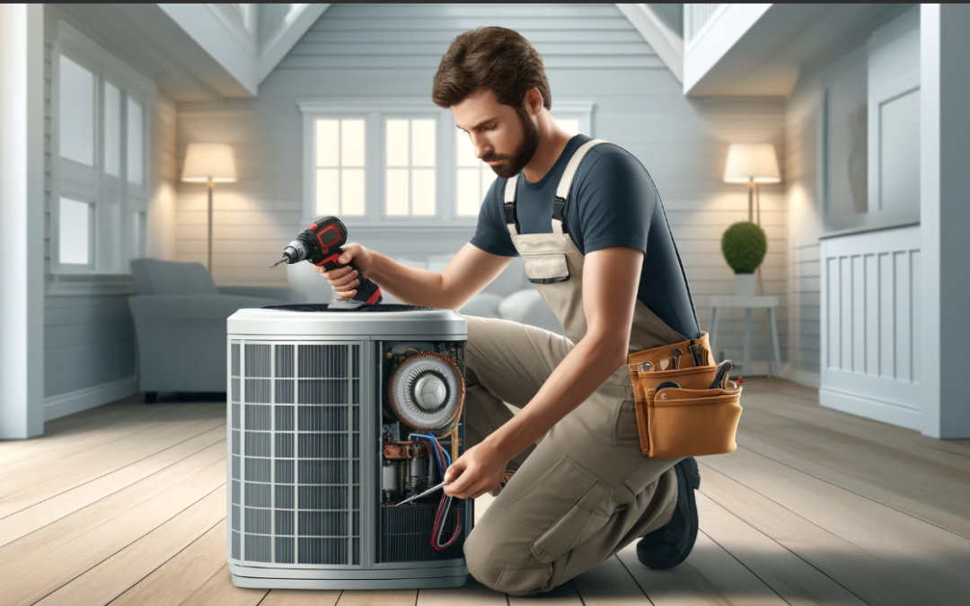 HVAC technician installing a heat pump in a residential home.