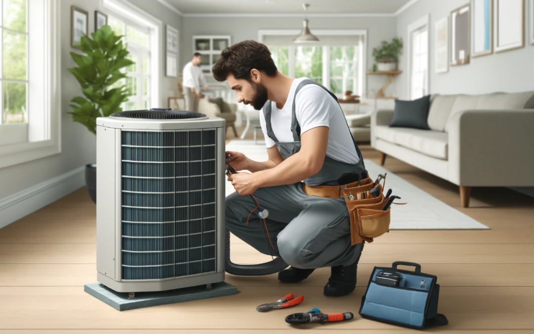 HVAC technician installing a heat pump in a residential property.