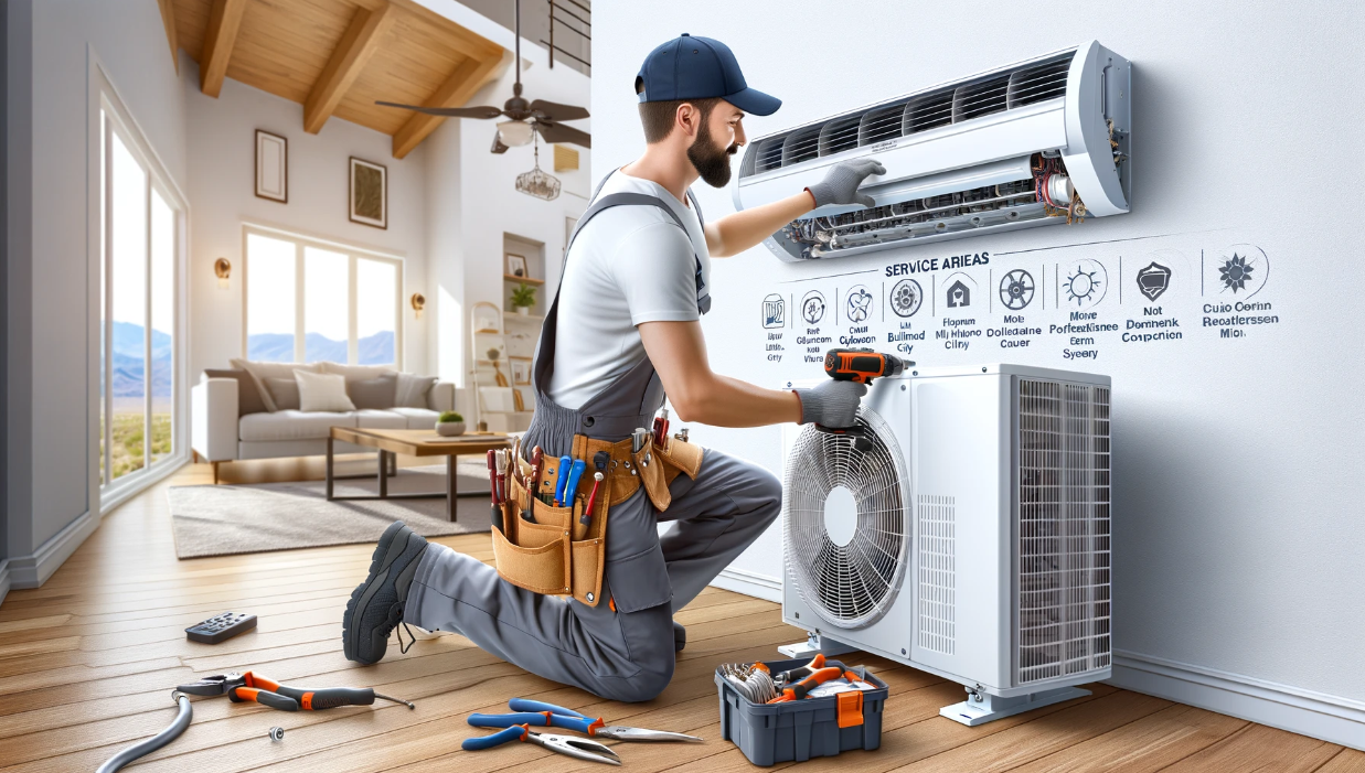 HVAC technicians installing a mini split system in a residential setting.