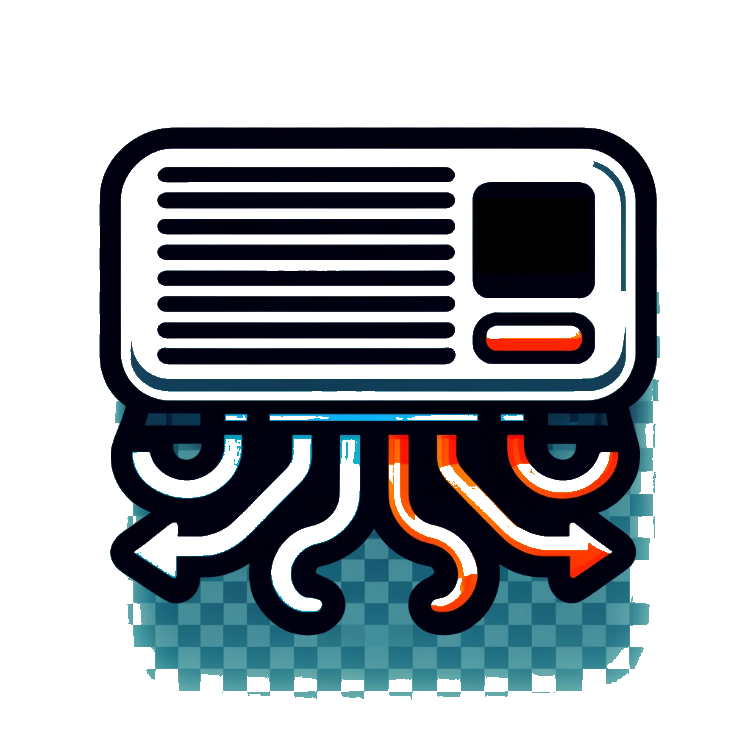 Stylized mini split unit with airflow lines indicating cooling and heating.