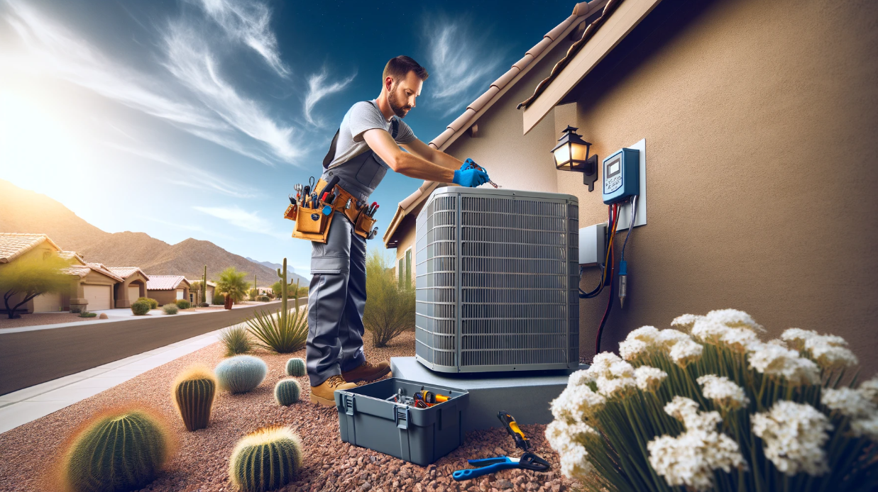 HVAC technician performing maintenance on an air conditioner unit.