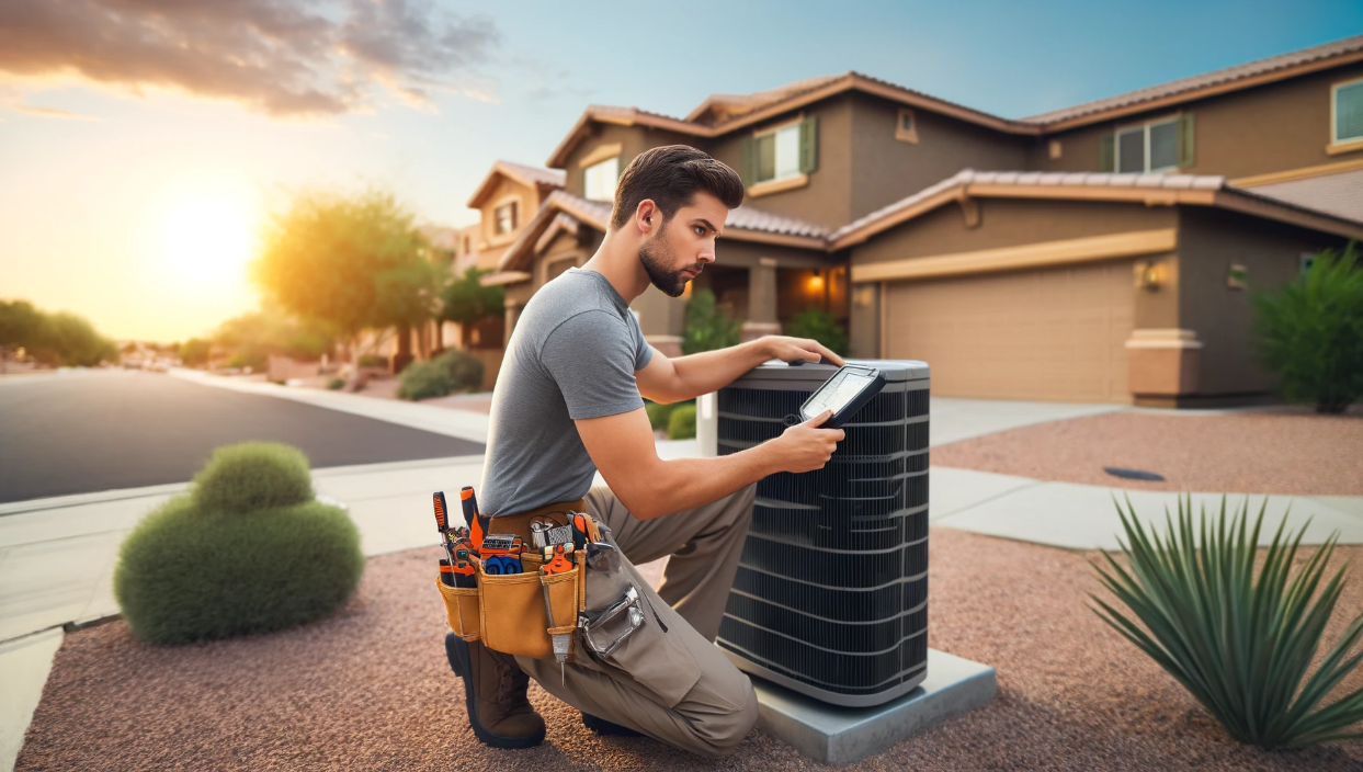 HVAC technician assessing a property for air conditioner installation.