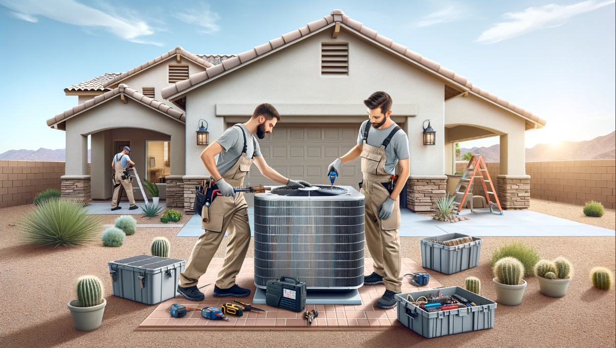 HVAC technicians completing the installation of an air conditioner unit.