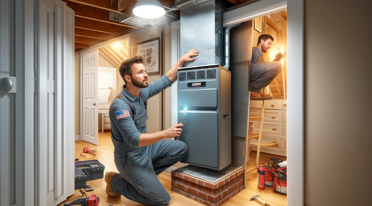 HVAC technicians installing an electric furnace in a residential property.