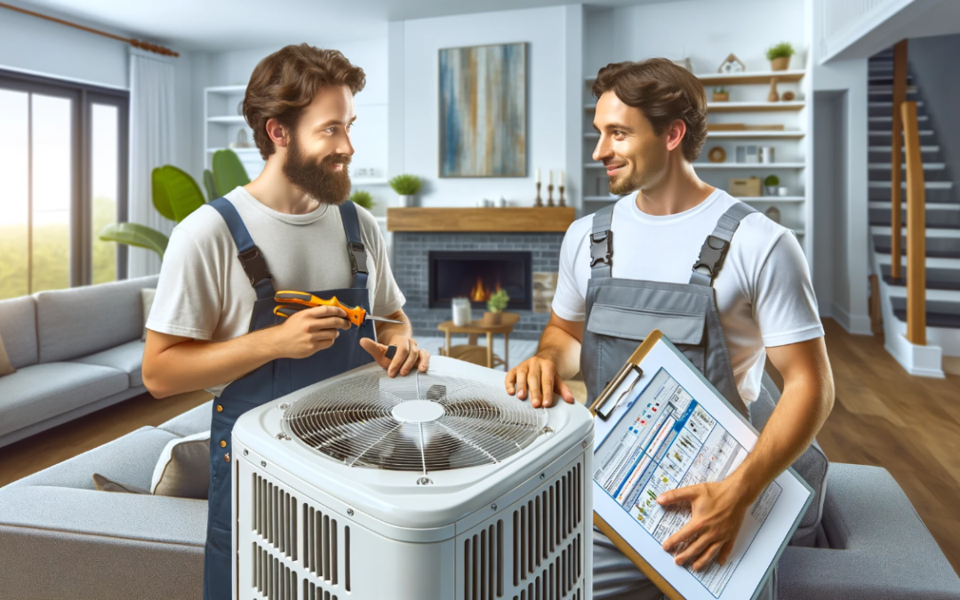 HVAC technician explaining heat pump operation to a tenant in a residential setting.