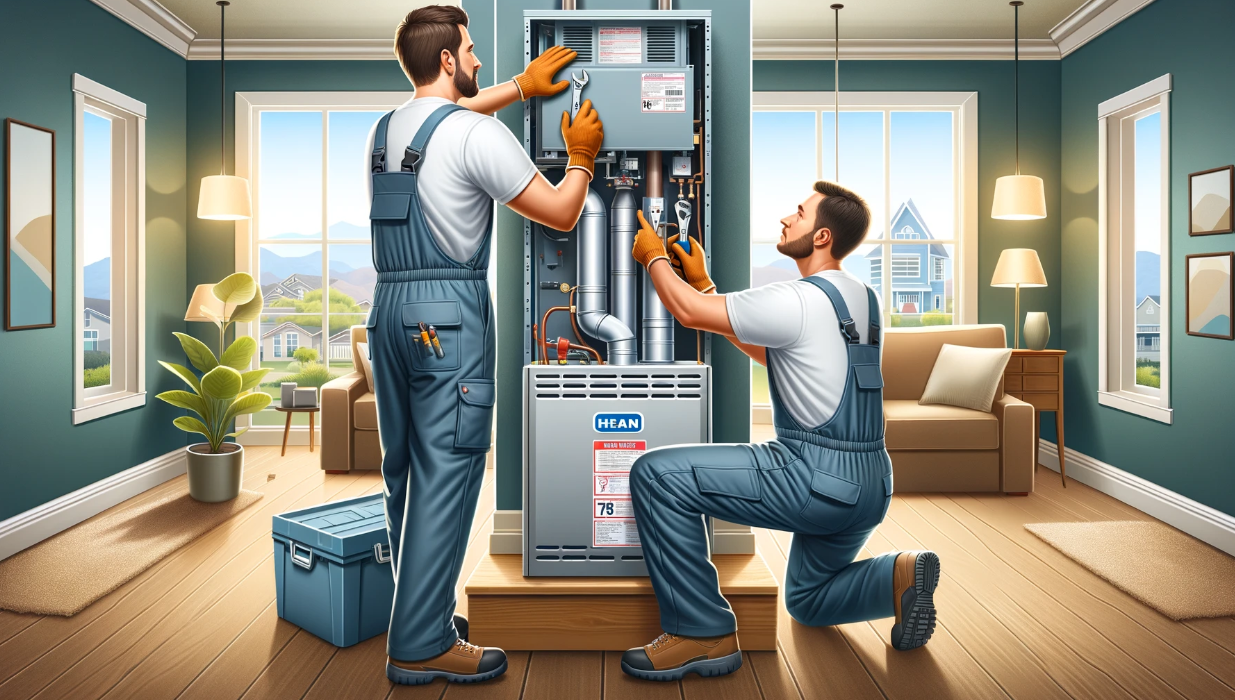 HVAC technicians installing an electric furnace in a residential setting.