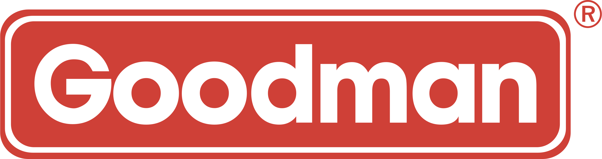 Goodman company logo with white text on a red background.