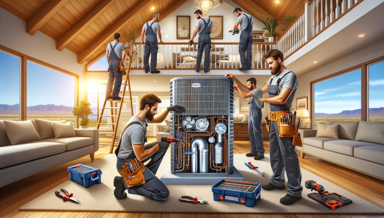 HVAC technicians installing a complete HVAC system in a residential setting.